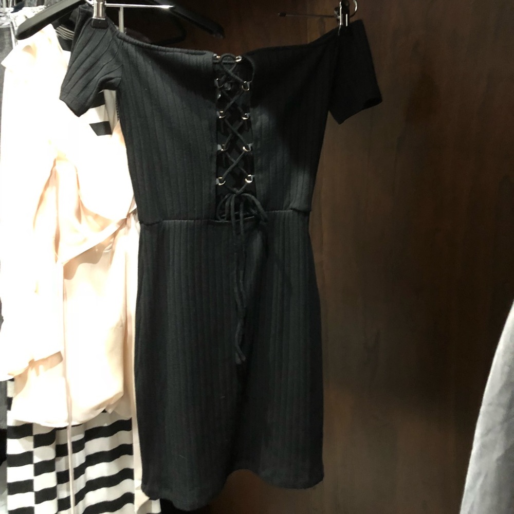 Off the shoulder black mini dress!